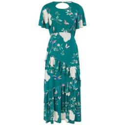 yumi Robe Mi-longue Yumi Mesh Bird And Fleuri Imprimé Avec Volants vert FR 44 (EU 42)
