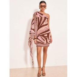 Lipsy Lipsy Printed Drape Sleeve One Shoulder Mini Dress Brun FR 38 (EU 36)