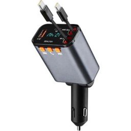 INF Chargeur de voiture Bluetooth 5.0 avec émetteur FM, 3 sorties, charge rapide 20 W et double câble rétractable