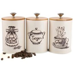 INF Lot de 3 boîtes de rangement en fer beige avec couvercles en bois pour thé, grains de café et bonbons
