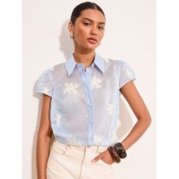 Lipsy Chemise à manches courtes Lipsy brodée Fleuri bleu FR 44 (EU 42)