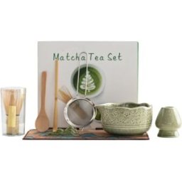 INF Ensemble Bol à Matcha en Céramique avec Fouet Bambou 76 Brins - Kit Cérémonie Sakura 8 Pièces Vert