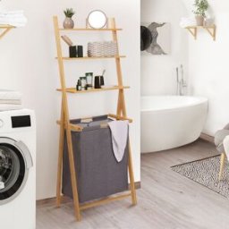 Idomya - Panier à linge double avec étagères Maya bambou/gris - 57x35x152 cm OS