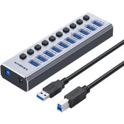 INF Hub USB 3.0 alimenté à 10 ports avec interrupteurs individuels, débit 5Gbps et alimentation 12V/4A