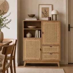 Calicosy - Buffet Alia haut 2 portes 2 tiroirs avec façades en rotin - H.120 cm OS