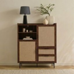 Calicosy - Buffet Jetson haut 2 portes, 2 tiroirs avec façades en tissu coloris bois foncé et beige - H.120 cm OS