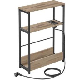 VASAGLE Table d'appoint fine avec multiprise 3 niveaux, Marron Camel + Noir Mat