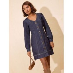 Friends Like These Robe mini en jean à col V et manches bouffantes, un style que mes amies aiment bleu FR 36 (EU 34)