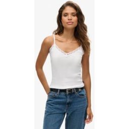 Superdry Dames Dentelle Caraco Côtelé Vintage Coton Bio À Liseré, Blanc, Taille: Xs/S