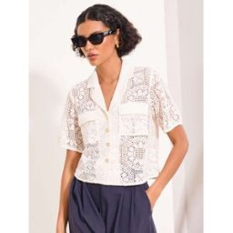 lipsy Chemise Lipsy à manches courtes et poches utilitaires en crochet crème FR 48 (EU 46)