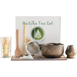INF Ensemble Bol à Matcha en Céramique avec Fouet Bambou 76 Brins - Kit Cérémonie Sakura 8 Pièces Or