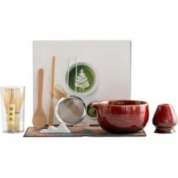 INF Set Matcha 8 pièces - Bol Chawan en Céramique Rouge avec Fouet en Bambou Fait Main et Accessoires