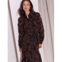Lipsy Lipsy Robe chemise à manches longues à fleurs 3D texturée et évasée Brun FR 40 (EU 38)