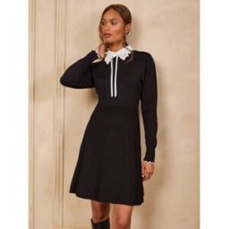 Love & Roses Love & Roses Lace Collared Tie Detail Knitted Mini Dress Noir FR 42 (EU 40)