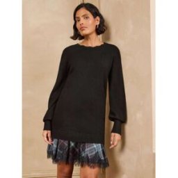 Love & Roses Love & Roses Woven Mix Lace Detail Scalloped Neck Knitted Mini Dress Noir FR 52 (EU 50)