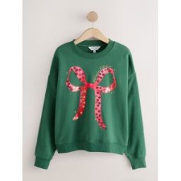 next Sweat-shirt à manches longues à motif naud pailleté de Noël vert XXL (FR 54-56)
