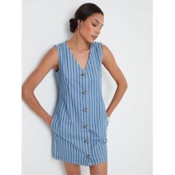 threadbare Threadbare Blue Stripe Waistcoat Denim Mini 100% Cotton Summer Dress bleu FR 44 (EU 42)
