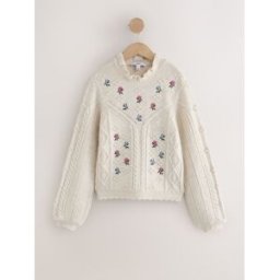 Next Pull à col volanté brodé fleuri en maille torsadée crème M Regular (FR 42-44)