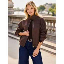 Sosandar Sosandar Faux Suede Zip Front Funnel Collar Jacket Brun FR 42 (EU 40)