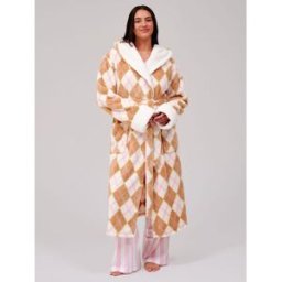Loungeable Loungeable Argyle Cosy Borg Fleece Hooded Dressing Gown crème S (FR 38-40)
