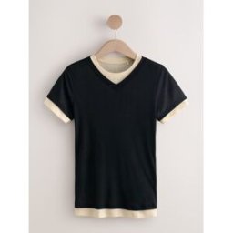 next T-shirt à manches courtes côtelé à col en V et à plusieurs épaisseurs crème L (FR 46-48)