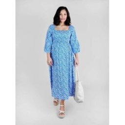 jojomamanbb JoJo Maman Bébé Mid Puff Sleeve Shirred Maternity Midi Dress bleu L (FR 46-48)