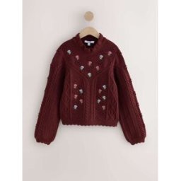 Next Pull à col volanté brodé fleuri en maille torsadée rouge M Regular (FR 42-44)