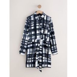 next Black/White Check Mini Long Sleeve Tie Waist Shirt Dress Noir FR 48 (EU 46)