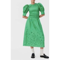 Ganni - Robe Smockée Broderie Anglaise Coton Bio verte 36