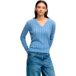 Superdry Pull à Col En V Washed Cable Jumper Blue Fog Marl L Femme