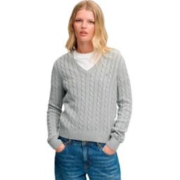 Superdry Pull à Col En V Washed Cable Jumper Pepper Grey Marl 2XS Femme