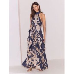 Lipsy Robe longue trapèze Lipsy à Col montant et dos nu, ornée de volants Fleuri. bleu FR 48 (EU 46)