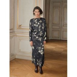 BHOEM Robe Fleuri Satin Mi-longue à Manches longues Noir FR 38 (EU 36)