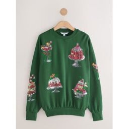 next Sweat-shirt à manches longues et col rond brodé de sequins sur le thème de Noël Gris S (FR 38-40)