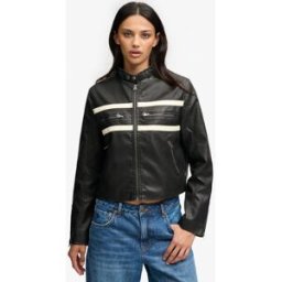 Superdry Femme Veste Moto Faux Cuir Coupe Ajustée Black Taille: 36