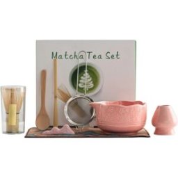 INF Ensemble Bol à Matcha en Céramique avec Fouet Bambou 76 Brins - Kit Cérémonie Sakura 8 Pièces Rose