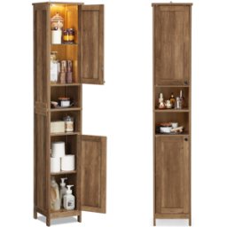 VASAGLE Armoire de salle de bain haute avec éclairage, Marron Miel