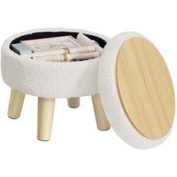 SONGMICS Pouf de rangement rond en tissu effet lin, Blanc Crème / Ronde