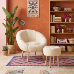Hautes couleurs - 2 pièces fauteuil à oreilles et pouf Lida crème - 75 x100x42 cm/ D.45cm OS