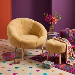Hautes couleurs - 2 pièces fauteuil à oreilles et pouf Lida brunes - 75 x100x42 cm/ D.45cm OS