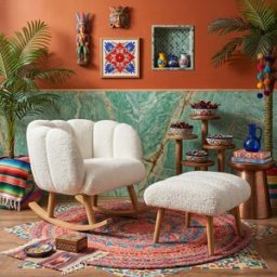 Hautes couleurs - 2 pièces fauteuil à oreilles et pouf Lotus blanches - 70x94x62cm/45x45x45cm OS