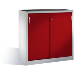 Armoire à outils C+P avec portes coulissantes, intérieur 2 étagères, H1200xL1200xP500mm face avant rouge rubis caisson gris clair ; C + P Möbelsysteme (2057-09 S10040)