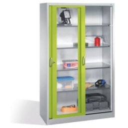 Armoire à outils C+P avec portes coulissantes vitrées, 4 étagères, H1950xL1200xP500mm devant Corps vert Viridian gris clair ; C + P Möbelsysteme (2059-055 S10088)