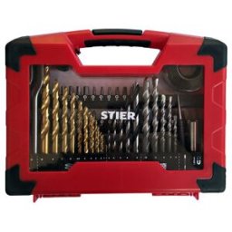 STIER Basic Jeu de forets STIER, scies et embouts en titane, 100 pièces, 28 forets, HSS-TiN, jeu d'embouts, valise à outils (903120)