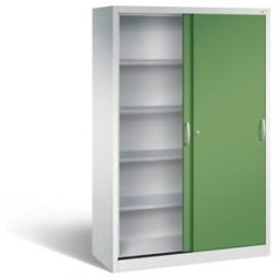 C+P Armoire à outils robuste avec portes coulissantes, 4 étagères, H1950xL1200xP500mm Face avant Reseda vert corps gris clair ; C + P Möbelsysteme (2059-002 S10022)