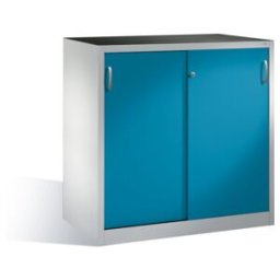 Armoire à outils C+P avec portes coulissantes, intérieur 2 étagères, H1200xL1200xP600mm avant bleu clair corps gris clair ; C + P Möbelsysteme (2067-09 S10022)