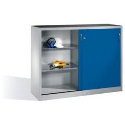 C + P Möbelsysteme Armoire à outils C+P avec portes coulissantes, intérieur 2 x 2 étagères, H1200xL1600xP400mm Façade Corps bleu gentiane Corps gris clair ; C + P Möbels (2147-09 S10013)