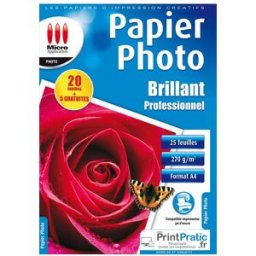 MICRO APPLICATION Papier D'impression Micro Appli Papier Photo Brillant A4 - Professionnel - 270 G/m² - 20 Feuilles