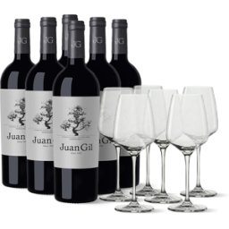 6 bouteilles Juan Gil Silver Label 12 meses + 6 verres Bouteilles de vin et verres