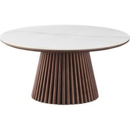 Table basse ronde plateau en céramique effet marbre et piètement effet noyer- 80 cm - Ada
